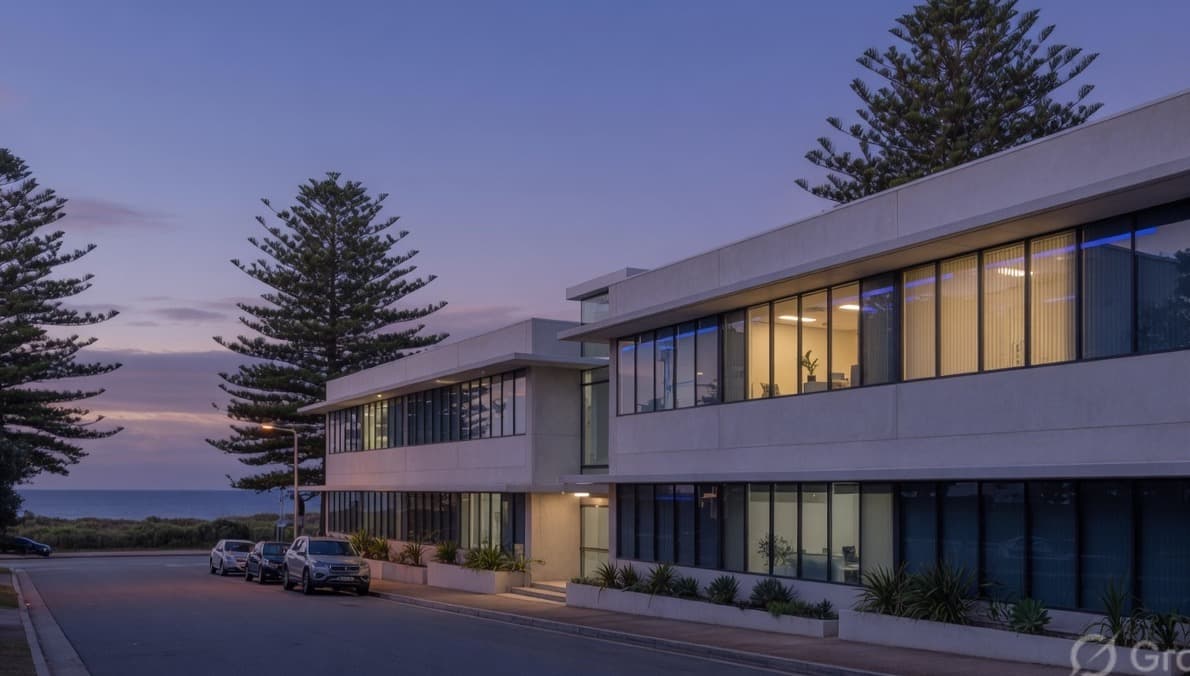 Commercial building on the Northern Beaches at dusk
