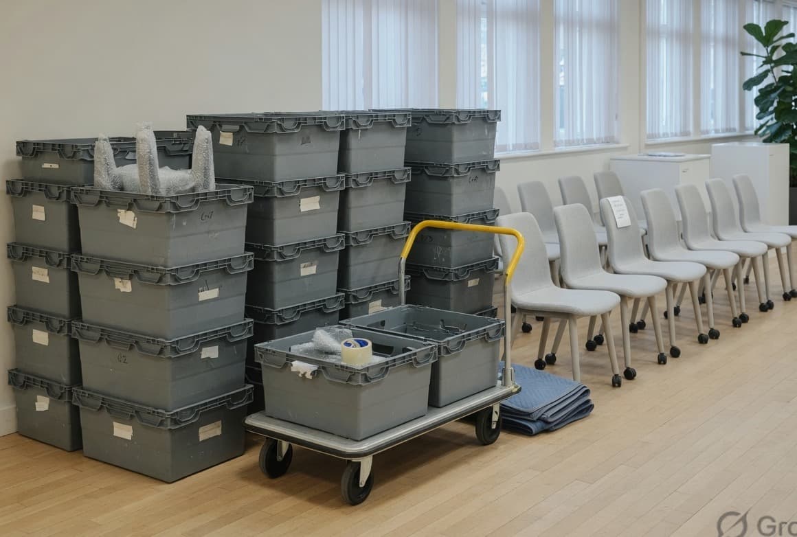Reusable crates staged for a workplace reset